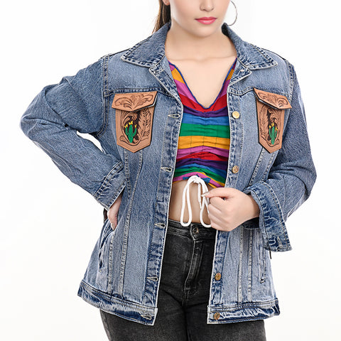 American Darling Tooled Leather Fringe Denim Jacket Western Cactus Top