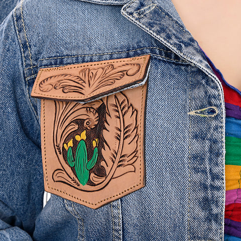 American Darling Tooled Leather Fringe Denim Jacket Western Cactus Top