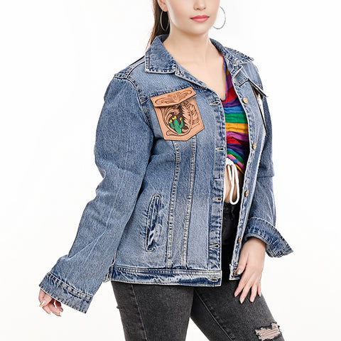 American Darling Tooled Leather Fringe Denim Jacket Western Cactus Top