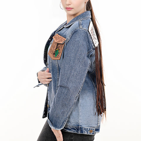 American Darling Tooled Leather Fringe Denim Jacket Western Cactus Top