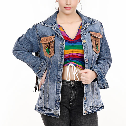 American Darling Tooled Leather Fringe Denim Jacket Western Cactus Top