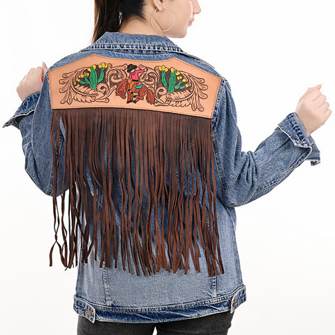 American Darling Tooled Leather Fringe Denim Jacket Western Cactus Top