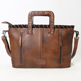ADBG1298 Cowhide Leather Tote Bag - Tooled Floral Center, Fringe Sides & Structured Handles