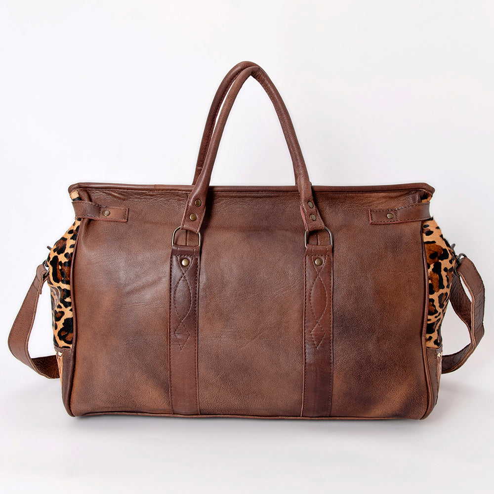 ADBG516Q Leopard Print Cowhide and Tooled Leather Western Duffle Bag