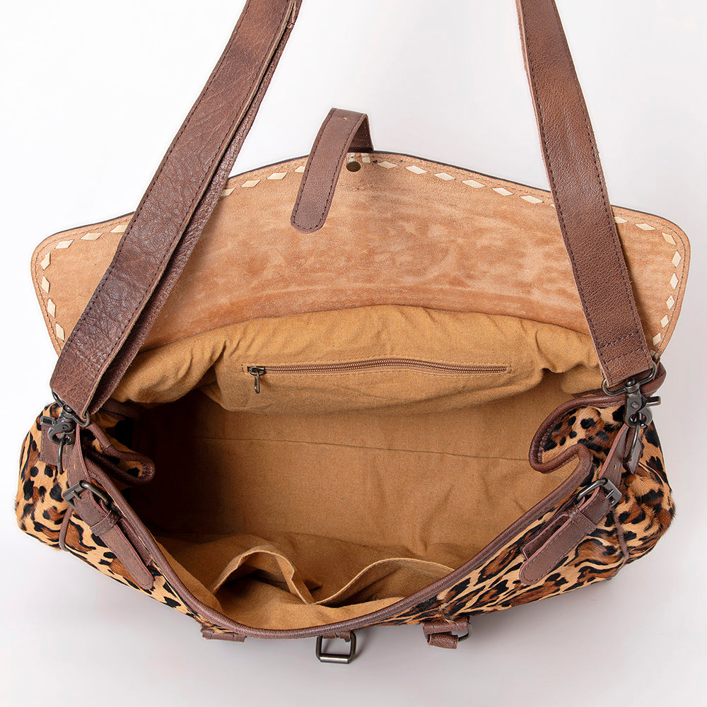 ADBG516Q Leopard Print Cowhide and Tooled Leather Western Duffle Bag