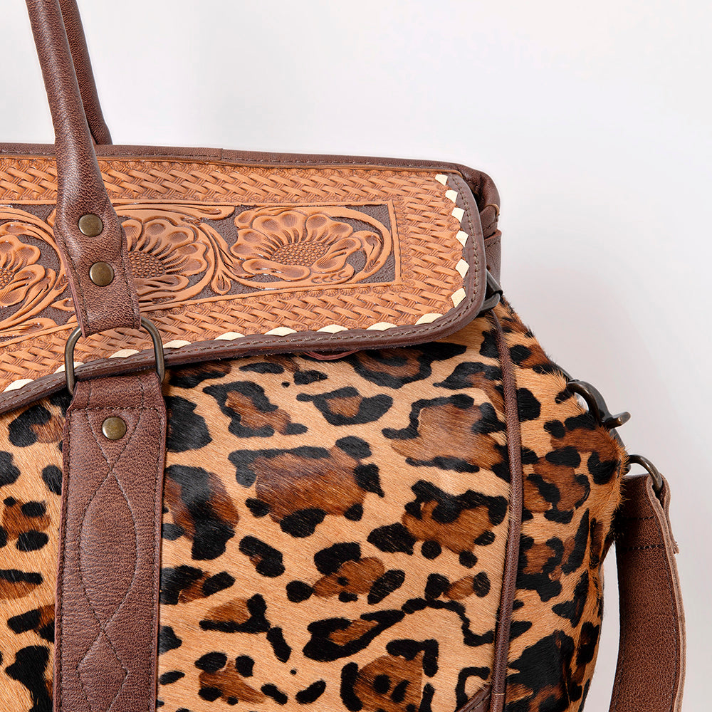 ADBG516Q Leopard Print Cowhide and Tooled Leather Western Duffle Bag