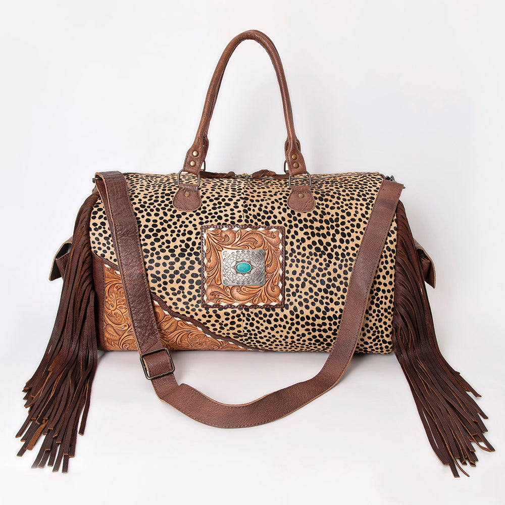 ADBG608 Hair-On-Hide Cowhide Duffle Bag with Tooled Leather & Fringe Western Weekender with Turquoise Concho