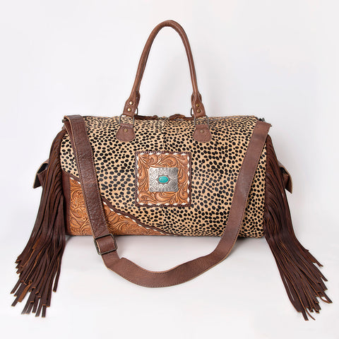 American Darling Hand Tooled Floral & Hair-On Cowhide Western Leather Duffel Bag with Fringes