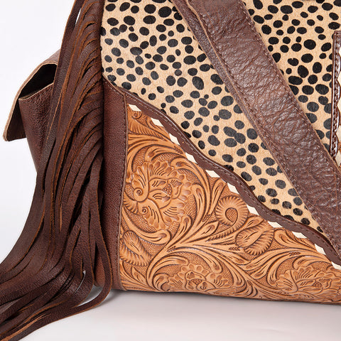 American Darling Hand Tooled Floral & Hair-On Cowhide Western Leather Duffel Bag with Fringes