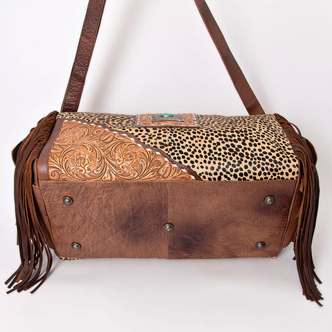 American Darling Hand Tooled Floral & Hair-On Cowhide Western Leather Duffel Bag with Fringes