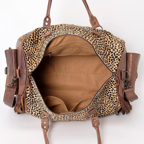 American Darling Hand Tooled Floral & Hair-On Cowhide Western Leather Duffel Bag with Fringes