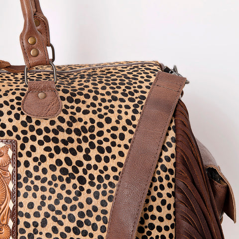 American Darling Hand Tooled Floral & Hair-On Cowhide Western Leather Duffel Bag with Fringes