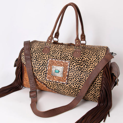 American Darling Hand Tooled Floral & Hair-On Cowhide Western Leather Duffel Bag with Fringes