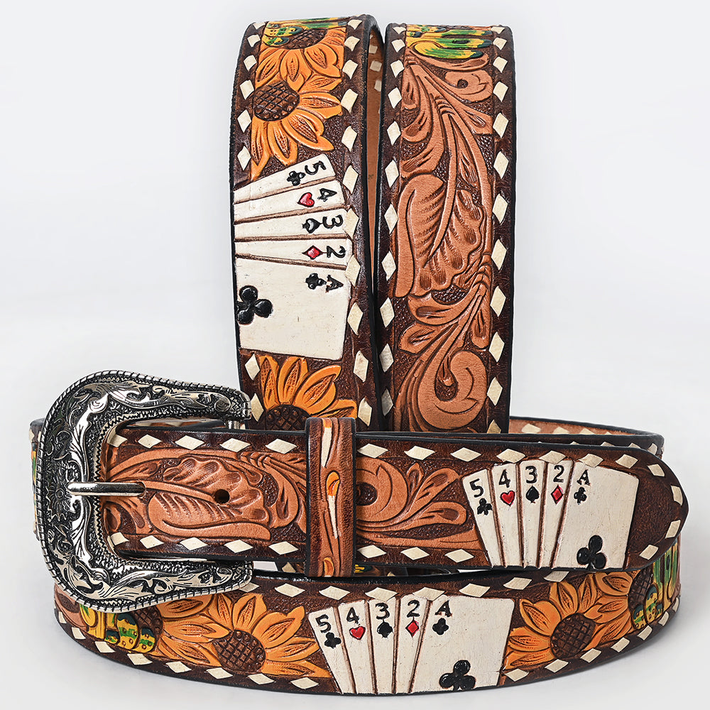 ADBLF205 Poker Hand Tooled Leather Belt with Sunflowers & Silver Buckle