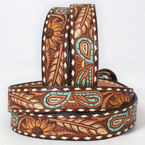 ADBLF206 Tooled Leather Western Belt with Sunflowers & Turquoise Paisley Accents
