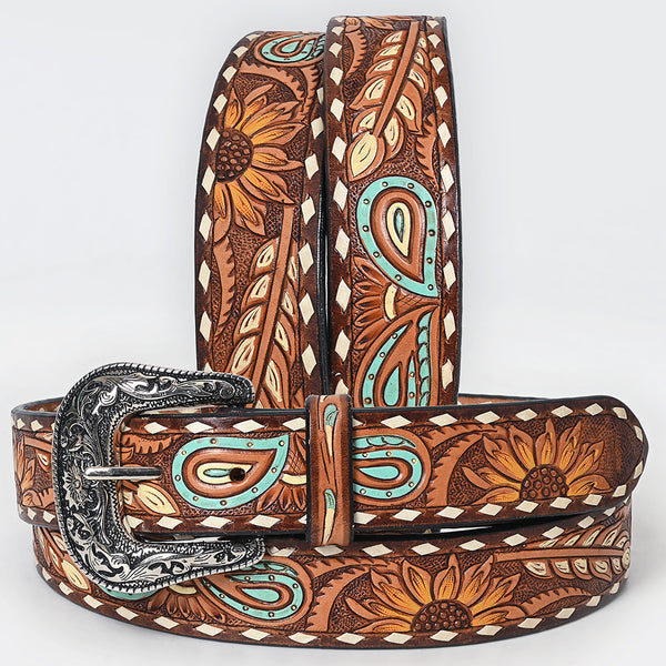 ADBLF206 Tooled Leather Western Belt with Sunflowers & Turquoise Paisley Accents