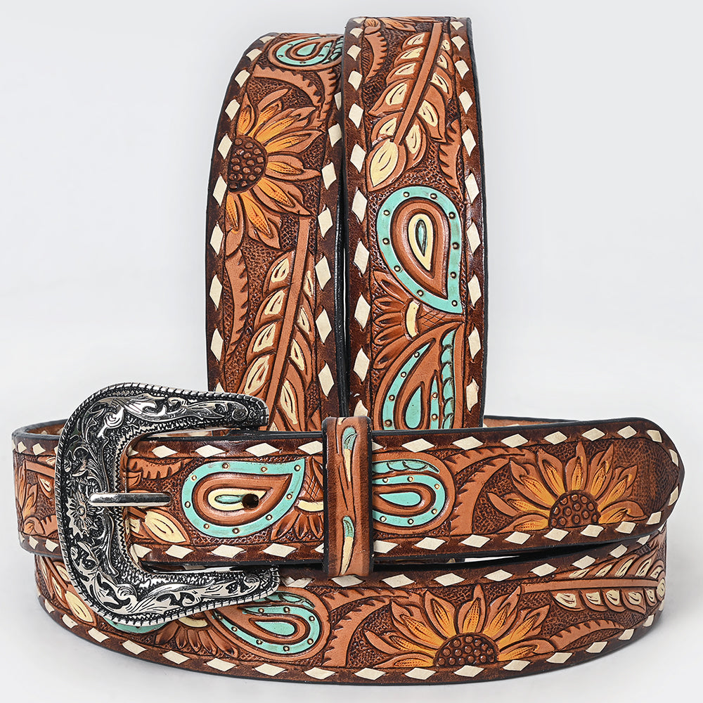 ADBLF206 Tooled Leather Western Belt with Sunflowers & Turquoise Paisley Accents