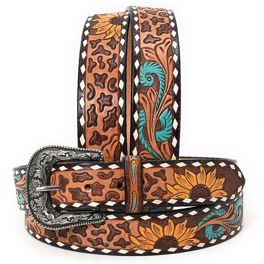 ADBLF207 Tooled Leather Western Belt with Leopard Print, Sunflowers & Turquoise Feathers