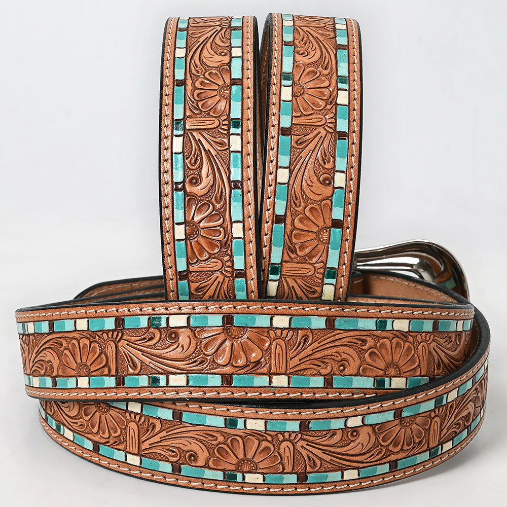 ADBLF210 Tooled Leather Western Belt with Turquoise Mosaic Inlay & Floral Tooling