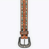 ADBLF210 Tooled Leather Western Belt with Turquoise Mosaic Inlay & Floral Tooling