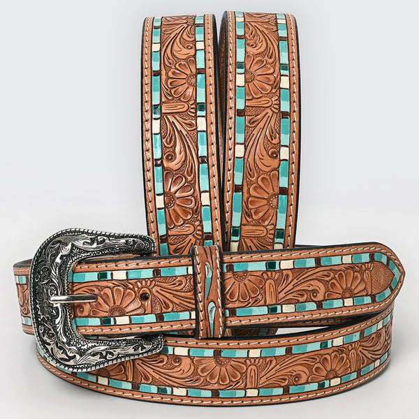ADBLF210 Tooled Leather Western Belt with Turquoise Mosaic Inlay & Floral Tooling