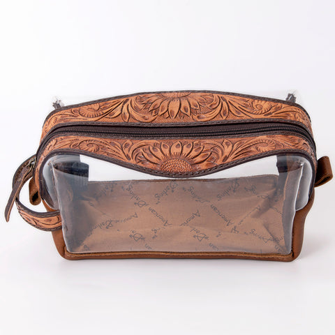 American Darling Hand Tooled Floral Leather Toiletry Clear Bag with Artisan Carving