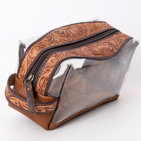 American Darling Hand Tooled Floral Leather Toiletry Clear Bag with Artisan Carving