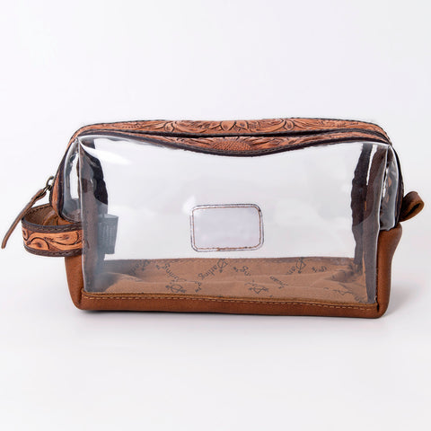 American Darling Hand Tooled Floral Leather Toiletry Clear Bag with Artisan Carving