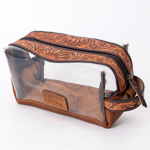 American Darling Hand Tooled Floral Leather Toiletry Clear Bag with Artisan Carving