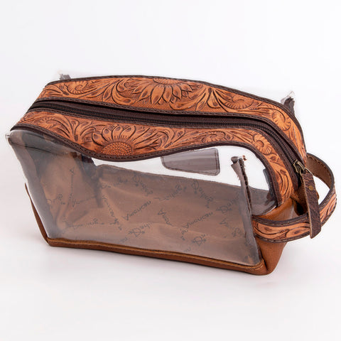 American Darling Hand Tooled Floral Leather Toiletry Clear Bag with Artisan Carving