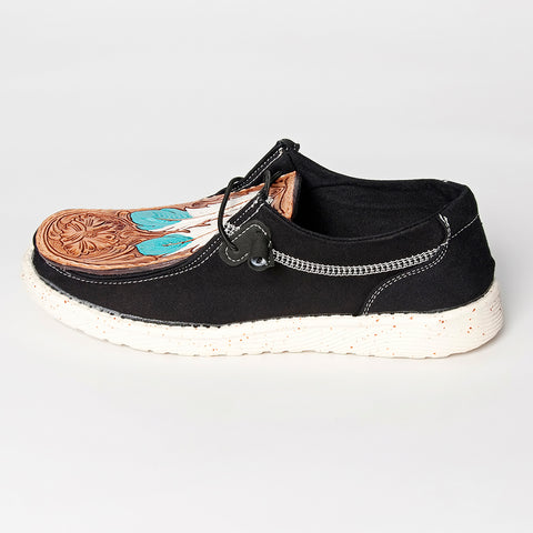 LC-ADFT133BK3 Women's Feather Tooled Leather Canvas Loafers - Western Casual Slip-On