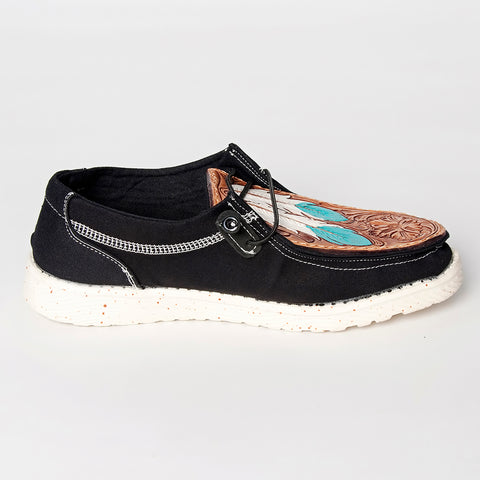 LC-ADFT133BK3 Women's Feather Tooled Leather Canvas Loafers - Western Casual Slip-On