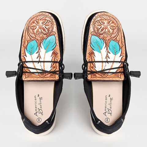 LC-ADFT133BK3 Women's Feather Tooled Leather Canvas Loafers - Western Casual Slip-On