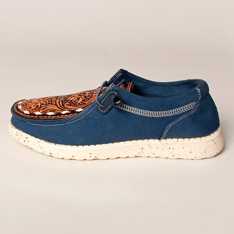 LC-ADFT133NV4 Women's Blue Canvas Loafers with Tan Tooled Leather - American Darling Slip-On Flats