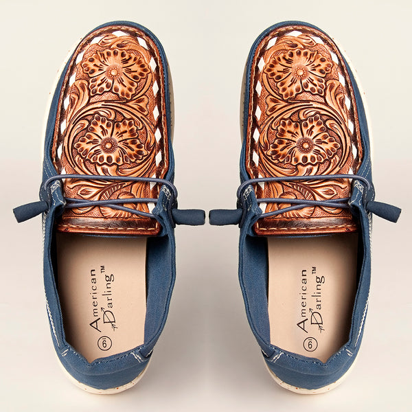 LC-ADFT133NV4 Women's Blue Canvas Loafers with Tan Tooled Leather - American Darling Slip-On Flats