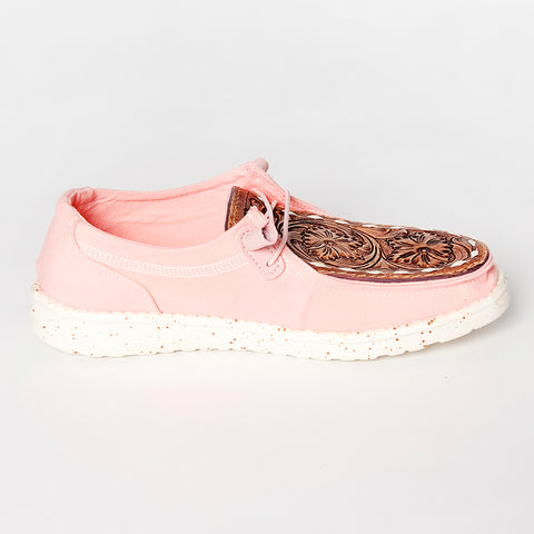LC-ADFT133PK4 Women's Pink Canvas Loafers with Hand-Tooled Leather - American Darling Floral Slip-Ons