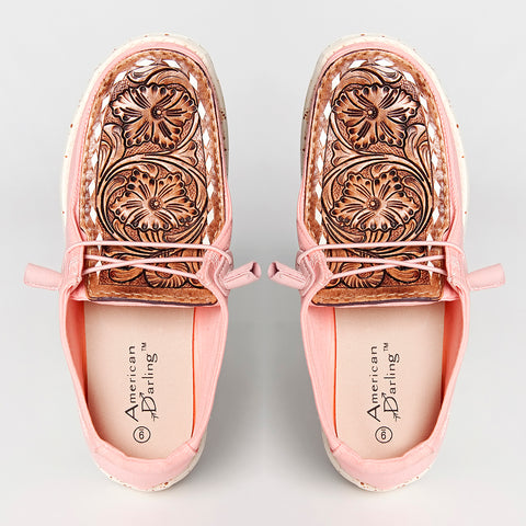 LC-ADFT133PK4 Women's Pink Canvas Loafers with Hand-Tooled Leather - American Darling Floral Slip-Ons