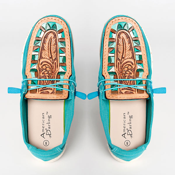 LC-ADFT133TR8 Women's Turquoise Canvas Tooled Leather Loafers - American Darling Western Inlay Slip-Ons