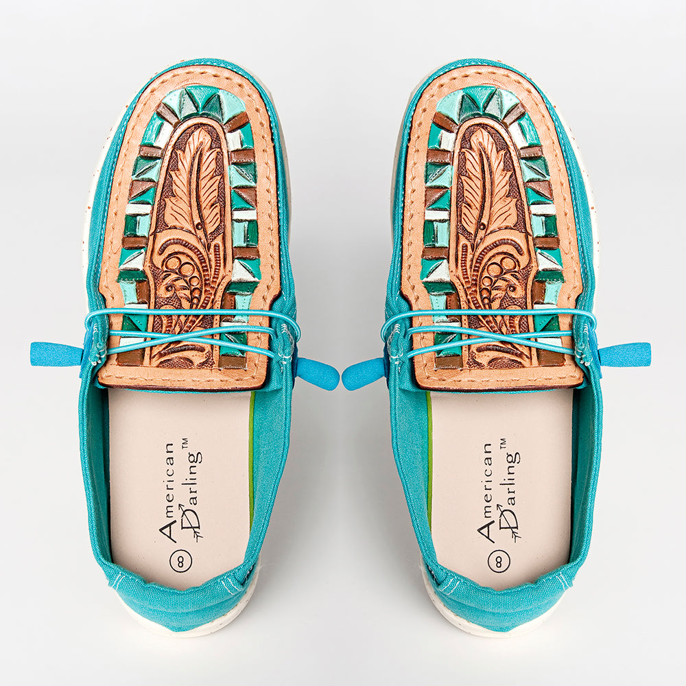 LC-ADFT133TR8 Women's Turquoise Canvas Tooled Leather Loafers - American Darling Western Inlay Slip-Ons