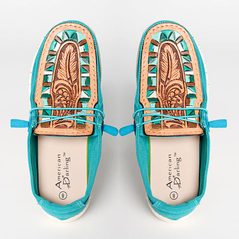 LC-ADFT133TR8 Women's Turquoise Canvas Tooled Leather Loafers - American Darling Western Inlay Slip-Ons