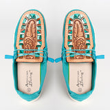 LC-ADFT133TR8 Women's Turquoise Canvas Tooled Leather Loafers - American Darling Western Inlay Slip-Ons