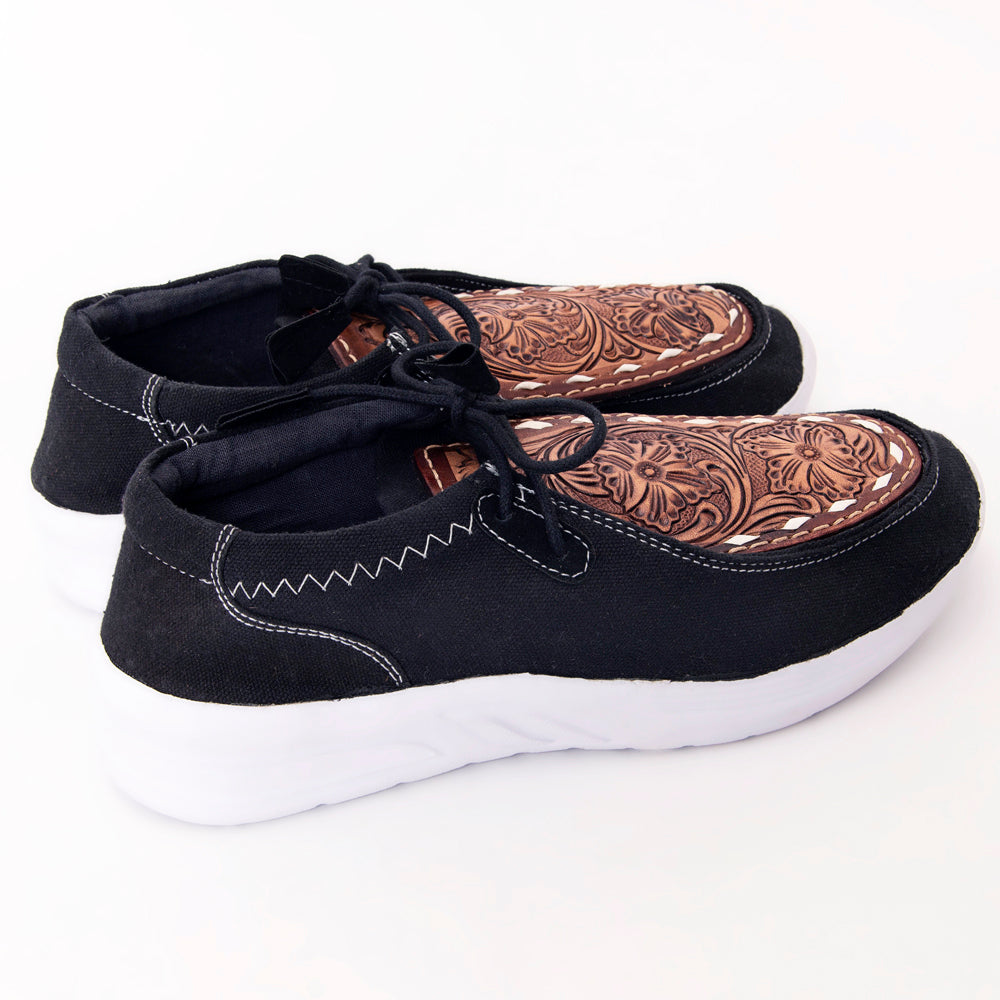 LC-ADFT135 Women's Black Canvas Tooled Leather Western Loafers - American Darling Slip-On Shoes