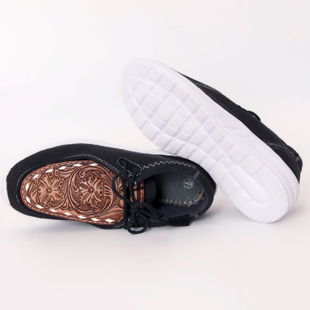 LC-ADFT135 Women's Black Canvas Tooled Leather Western Loafers - American Darling Slip-On Shoes