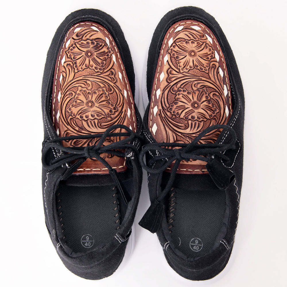 LC-ADFT135 Women's Black Canvas Tooled Leather Western Loafers - American Darling Slip-On Shoes