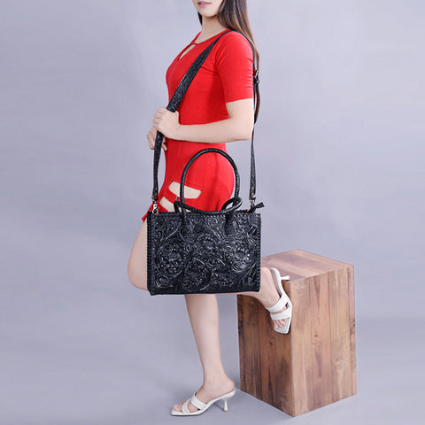 American Darling Hand Tooled Leather Tote Bag -Western Floral Carved Purse