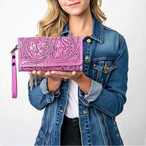 American Darling Pink Hand Tooled Floral Leather Clutch Wallet Wristlet