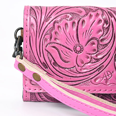 American Darling Pink Hand Tooled Floral Leather Clutch Wallet Wristlet