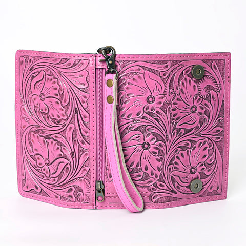 American Darling Pink Hand Tooled Floral Leather Clutch Wallet Wristlet