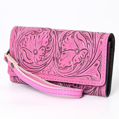 American Darling Pink Hand Tooled Floral Leather Clutch Wallet Wristlet