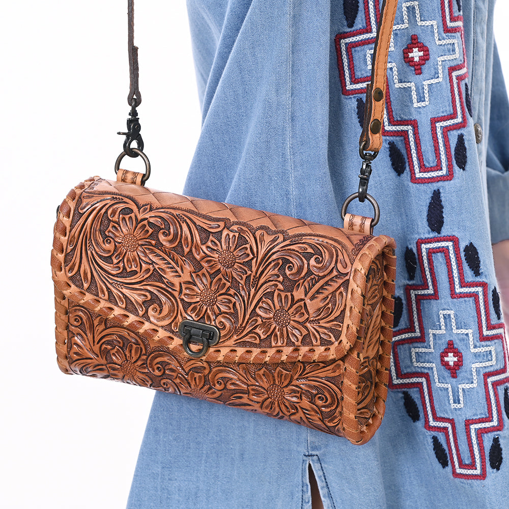 ADBG1133 Hand-Tooled Western Leather Crossbody Wallet-Genuine Cowhide Bag by American Darling